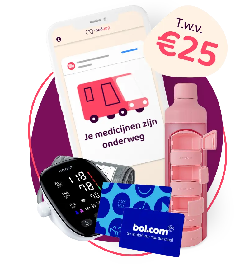 Telefoon met bericht over je medicijnlevering en een selectie van 3 welkomstcadeaus waaruit gekozen kan worden