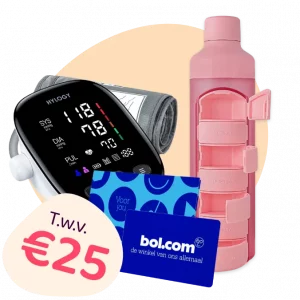 De 3 welkomstcadeaus - bloeddrukmeter, bol-cadeaubon en YOS bottle