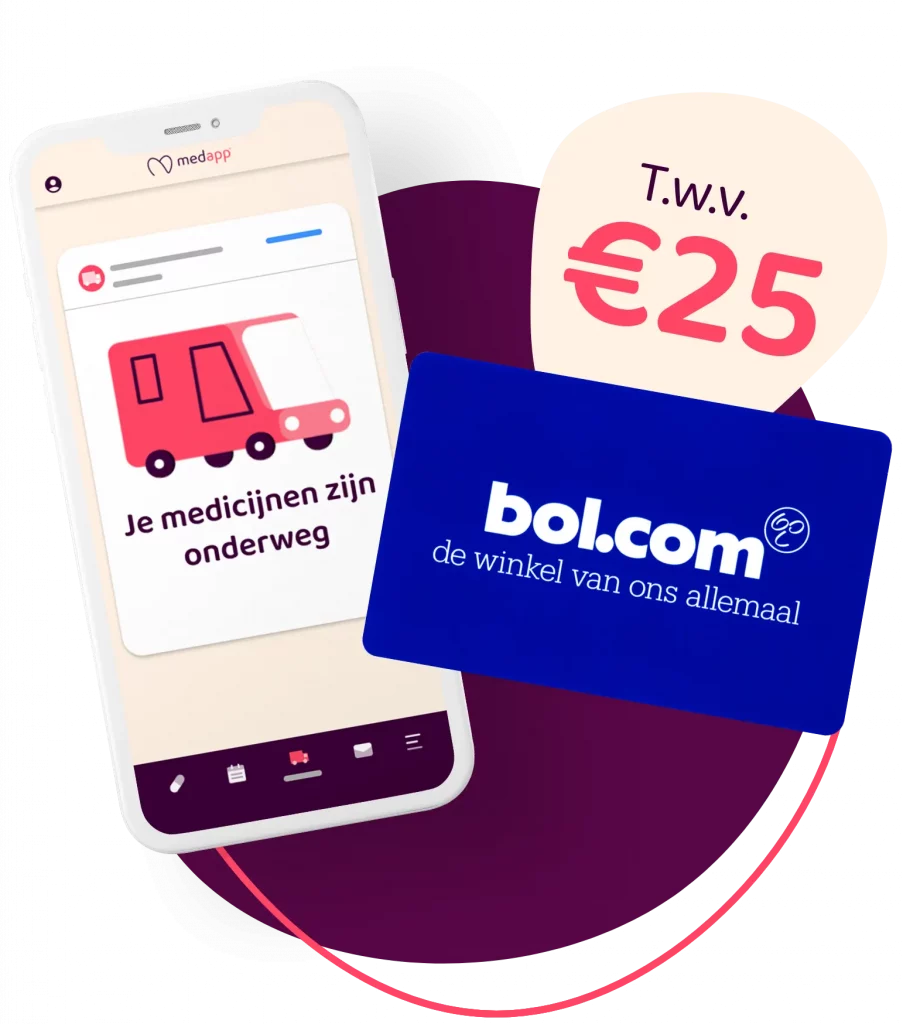 Telefoon met bericht over je medicijnlevering en een bol.com cadeaubon t.w.v. €25