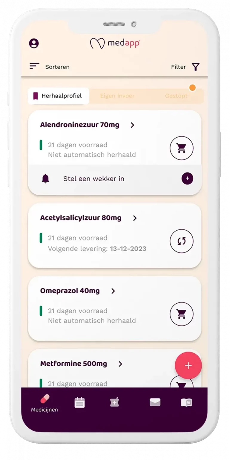 Afbeelding van het medicijnen tabblad van de app van MedApp